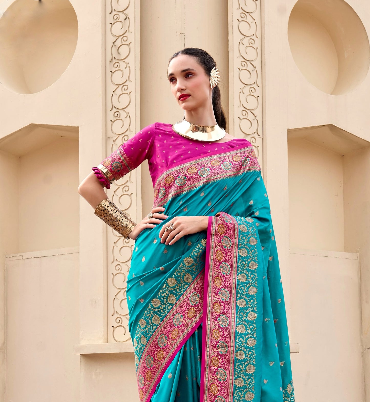 Teal blue Banarasi Silk Readymade/Easy Saree