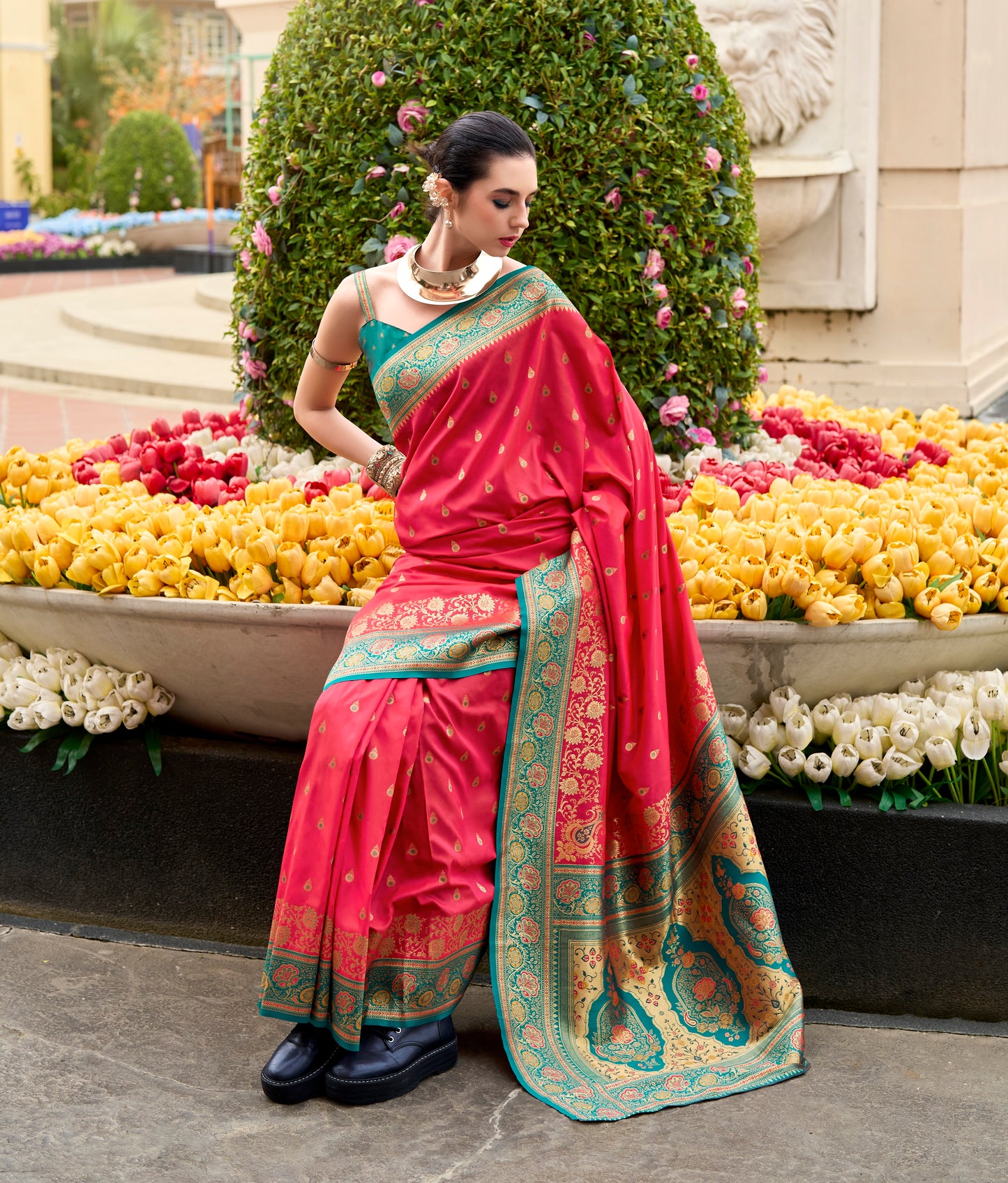 Royal pink Banarasi Silk Readymade/Easy Saree
