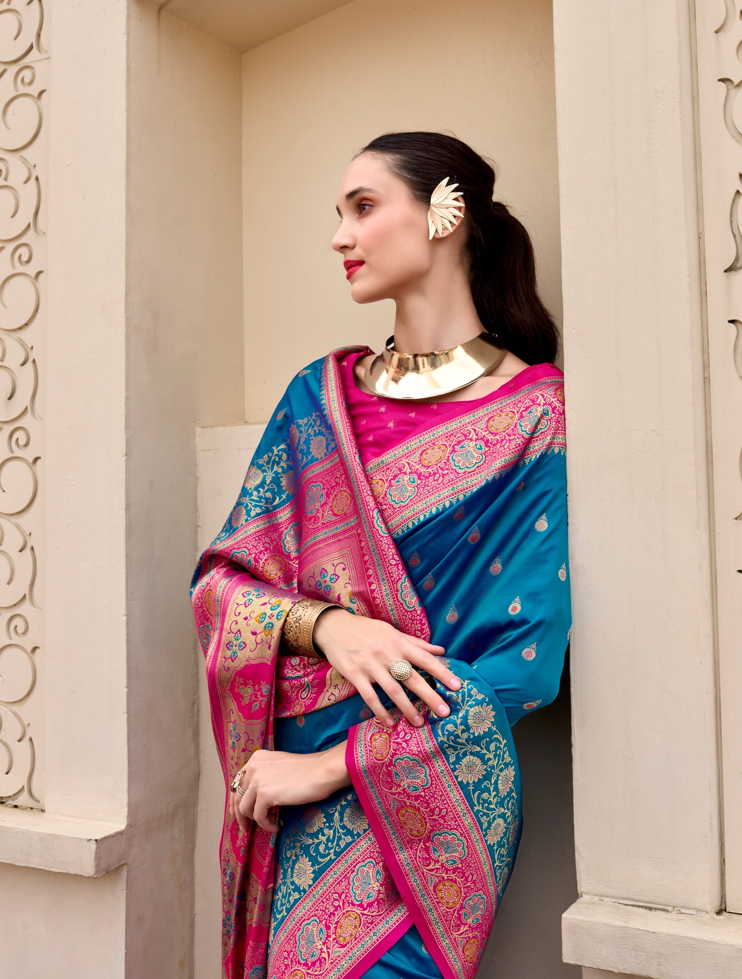 Peacock Blue Banarasi Silk Readymade/Easy Saree