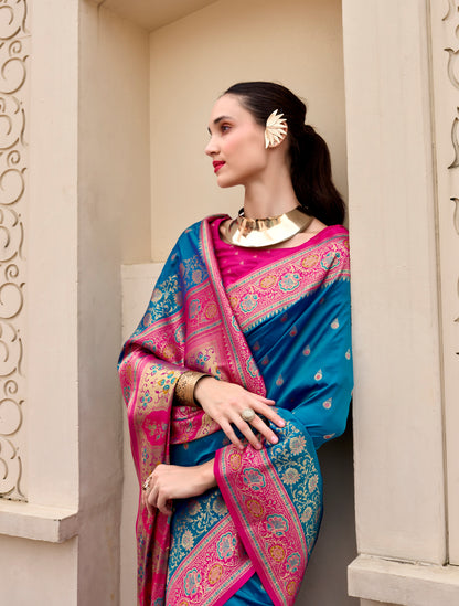 Peacock Blue Banarasi Silk Readymade/Easy Saree