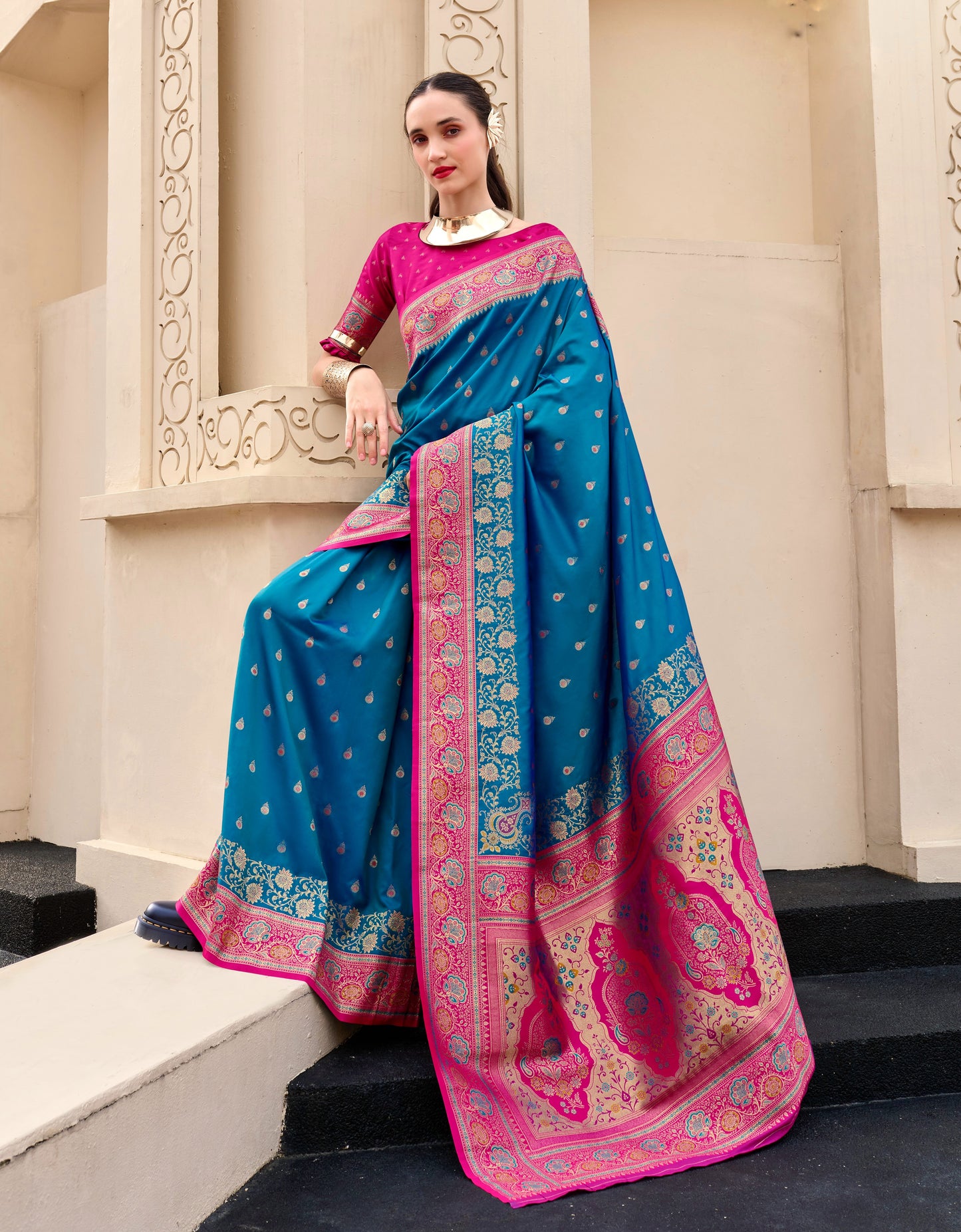 Peacock Blue Banarasi Silk Readymade/Easy Saree