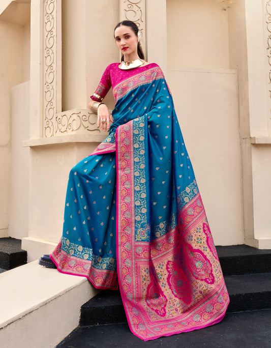 Peacock Blue Banarasi Silk Readymade/Easy Saree
