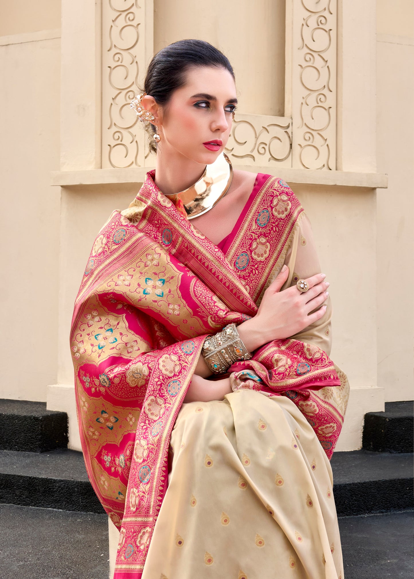 Ivory Banarasi Silk Readymade/Easy Saree