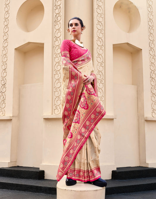 Ivory Banarasi Silk Readymade/Easy Saree