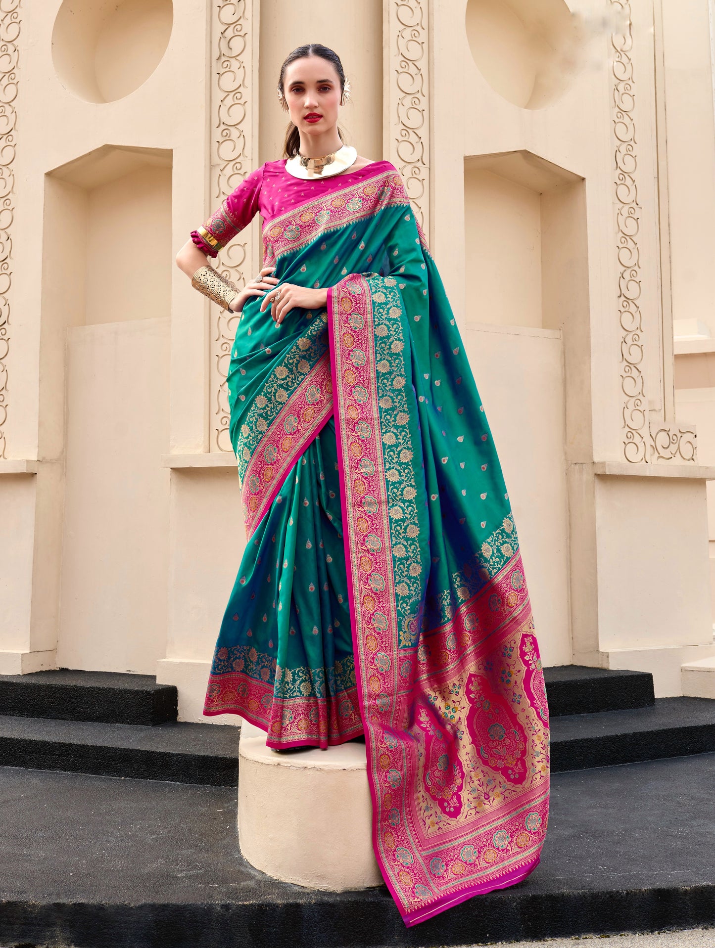 Emerald Green Banarasi Silk Readymade/Easy Saree