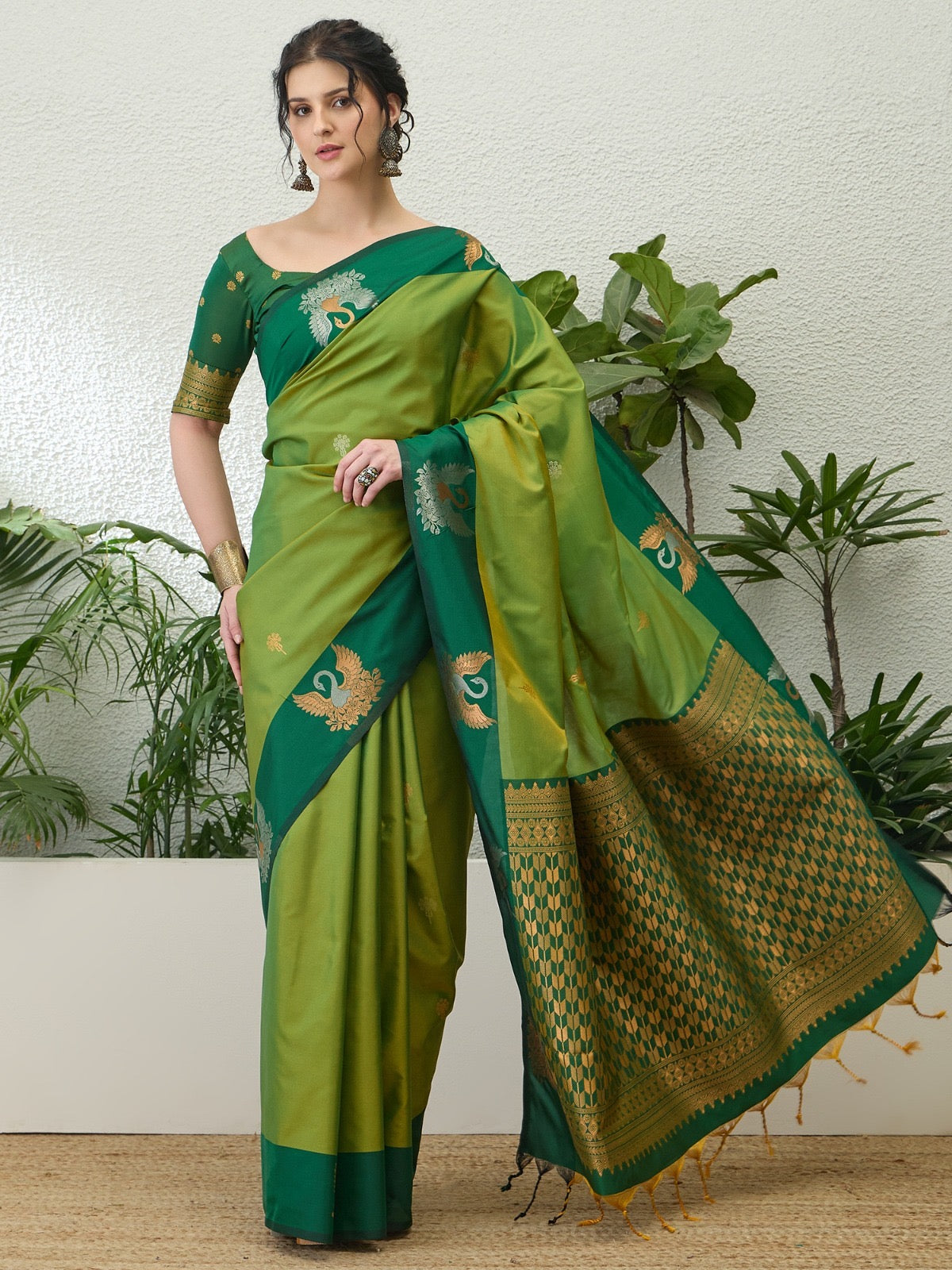 Parrot Green Readymade/Easy Kanjivaram Saree - Panaash Saree
