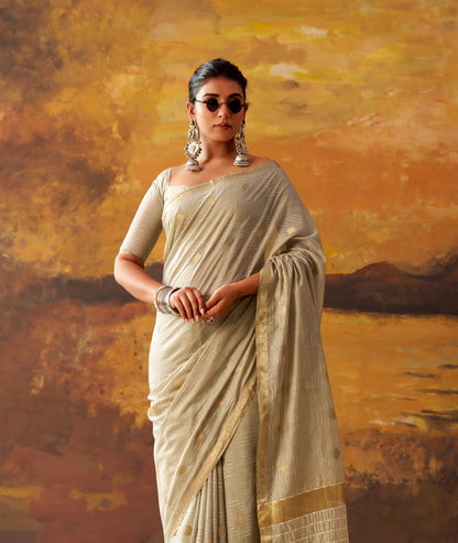 Grey Beige Cotton Ready To Wear/Easy Saree by Stylebypanaash  
