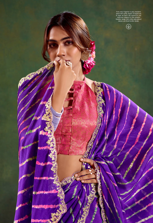 Purple Pink Color Georgette Readymade/Easy Saree