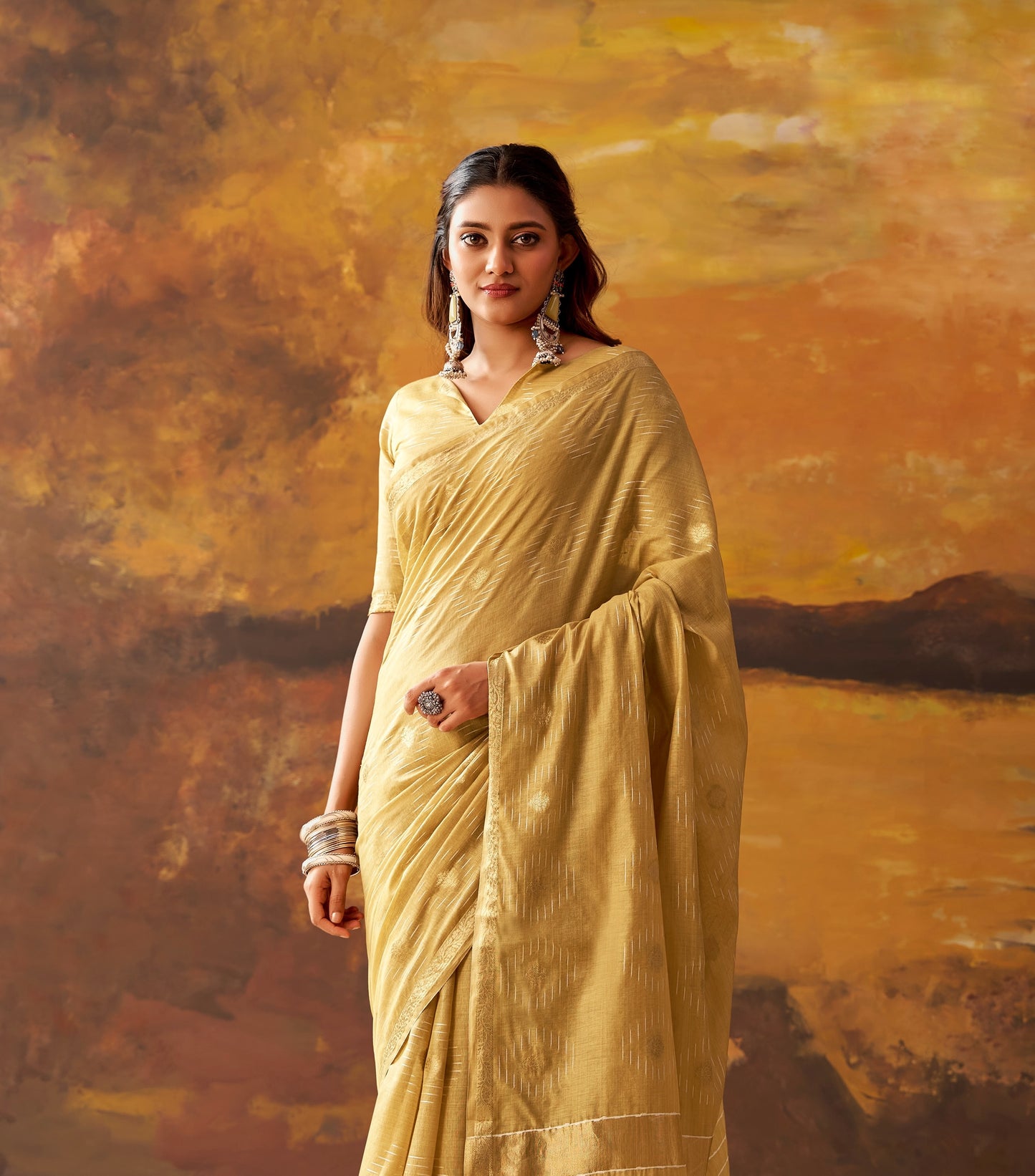 Golden Beige Cotton Ready To Wear/Easy Saree by Stylebypanaash 