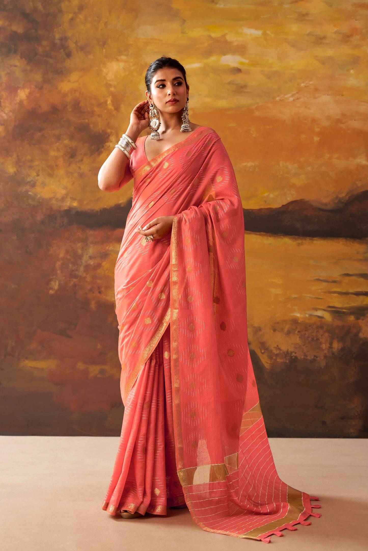 Coral Pink Cotton Ready To Wear/Easy Saree by Stylebypanaash 
