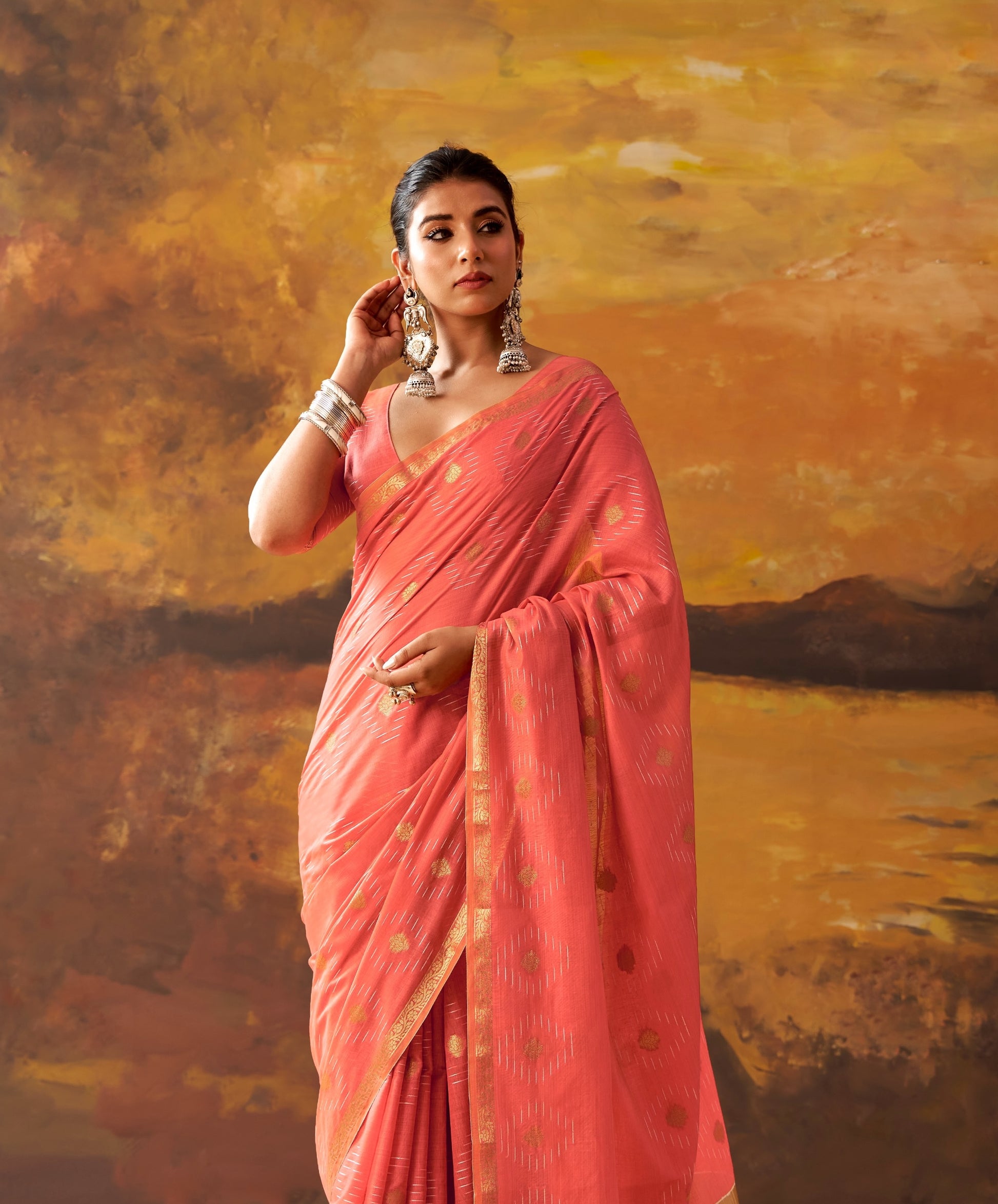 Coral Pink Cotton Ready To Wear/Easy Saree by Stylebypanaash 