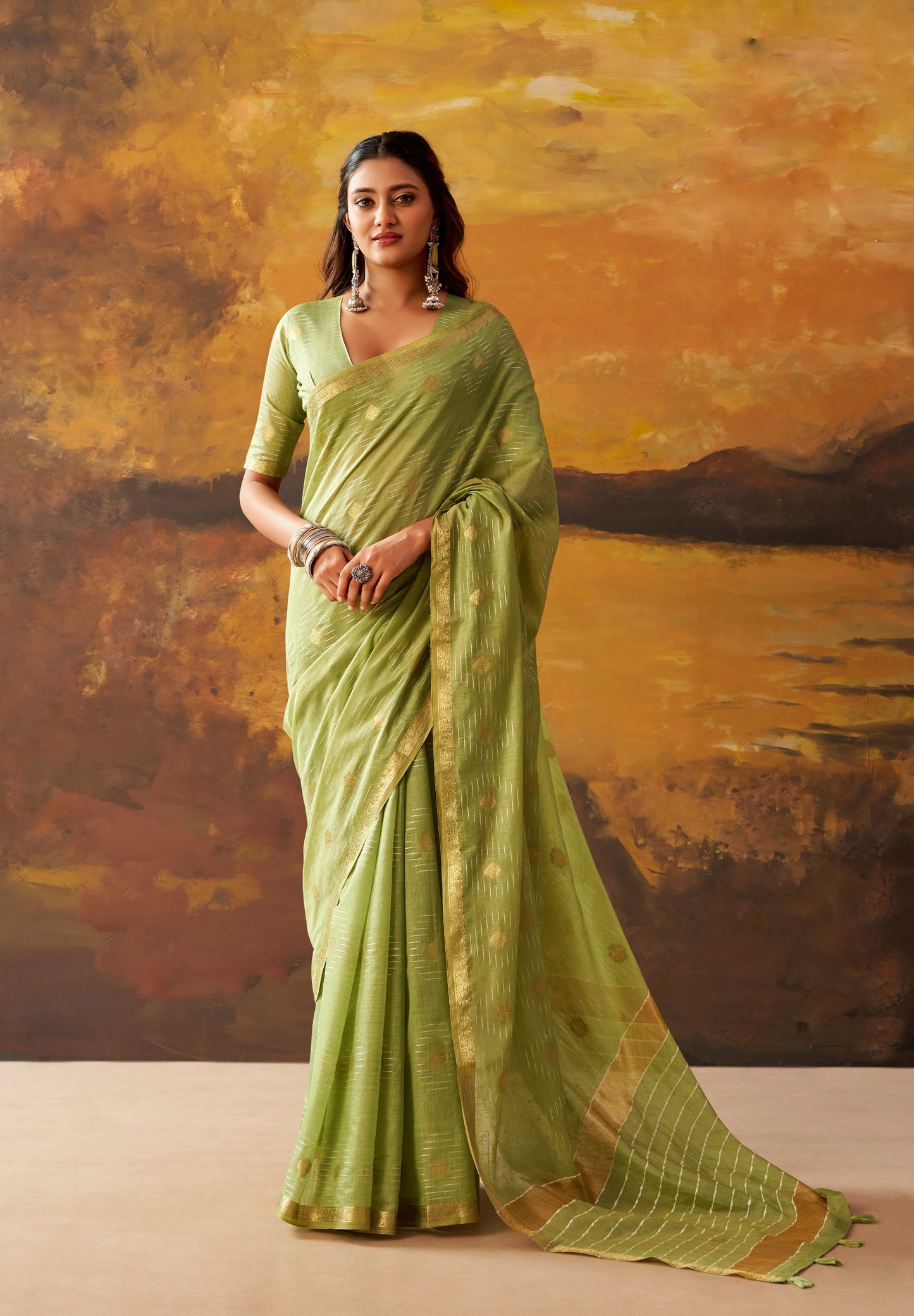 Pista Green Cotton Ready To Wear/Easy Saree by Stylebypanaash 
