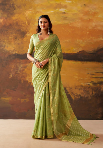 Pista Green Cotton Ready To Wear/Easy Saree by Stylebypanaash 