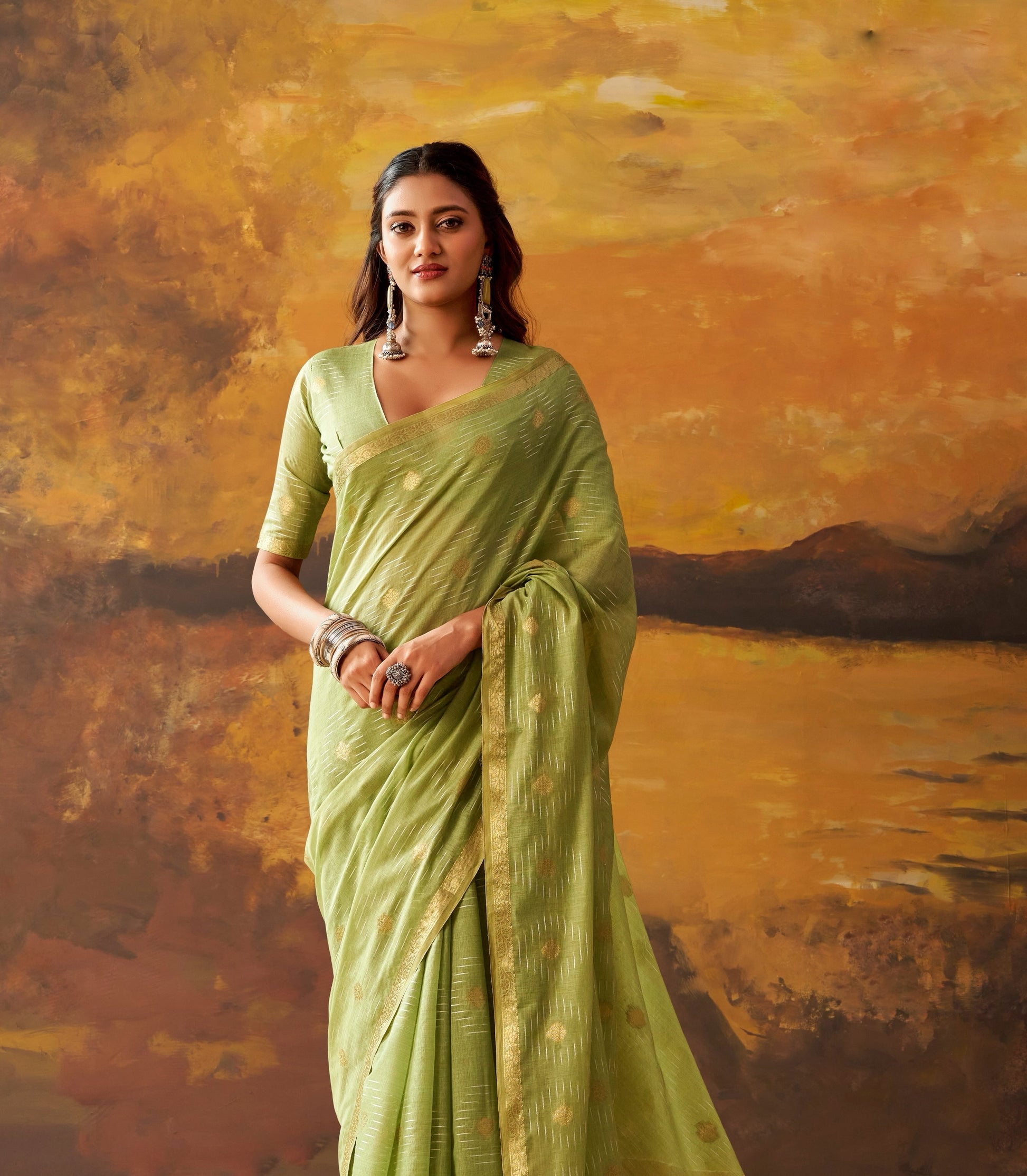 Pista Green Cotton Ready To Wear/Easy Saree by Stylebypanaash 