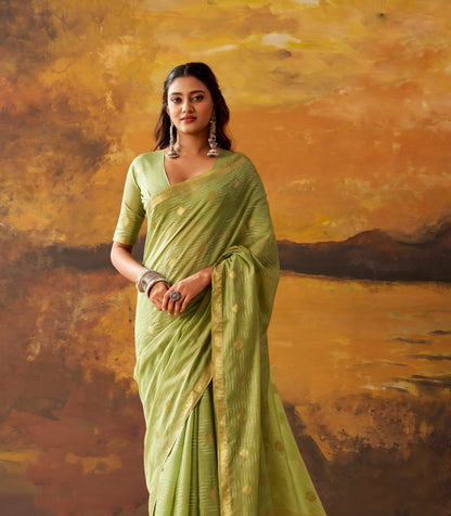 Pista Green Cotton Ready To Wear/Easy Saree by Stylebypanaash 