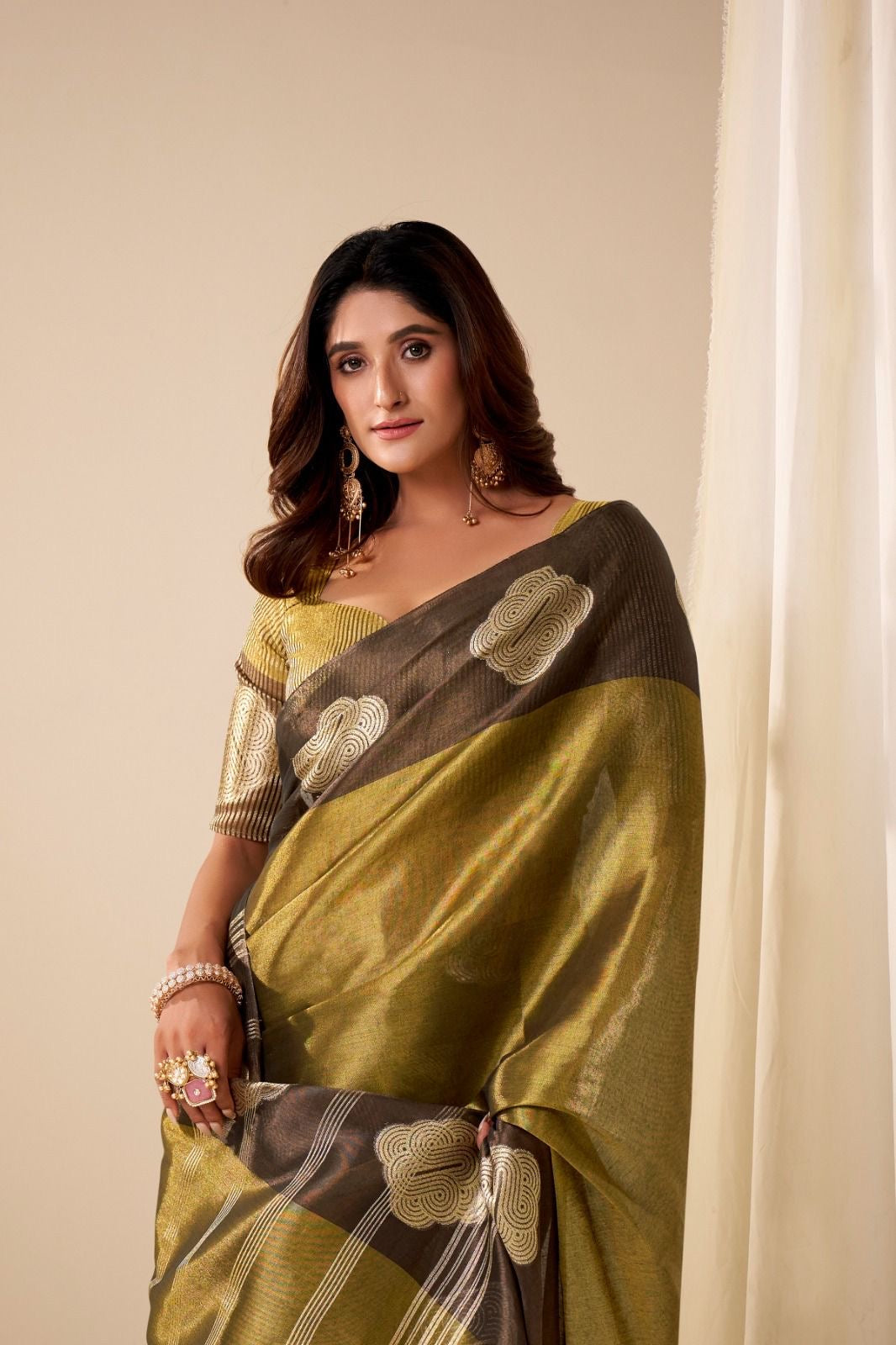 Bronze Green Tissue Silk Readymade/Easy Saree