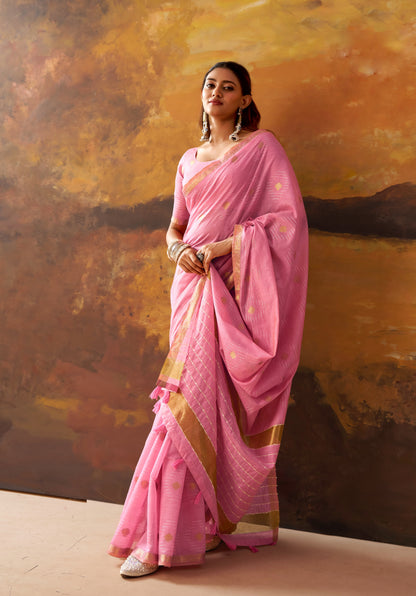 Pink Cotton Ready To Wear/Easy Saree by Stylebypanaash 