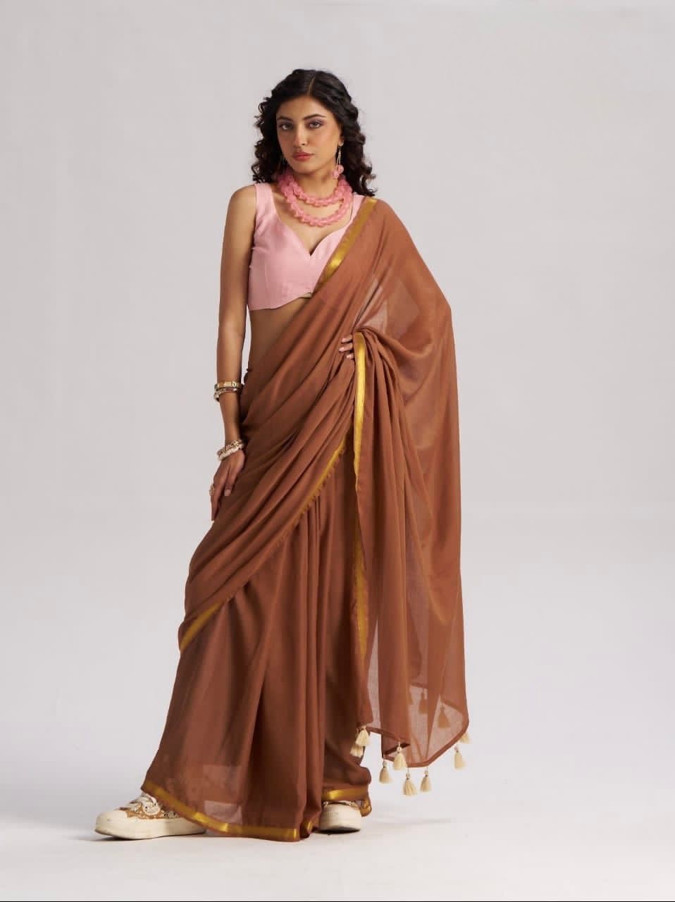Brown Mul Cotton Casual Ready To Wear/Easy Saree