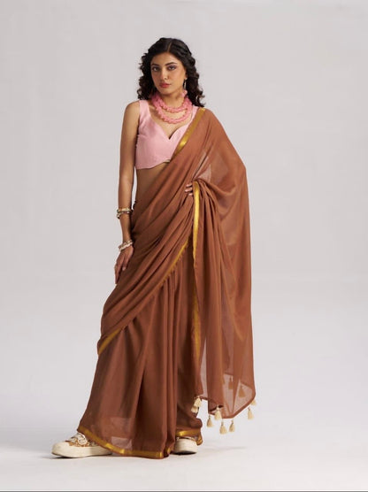 Brown Mul Cotton Casual Ready To Wear/Easy Saree