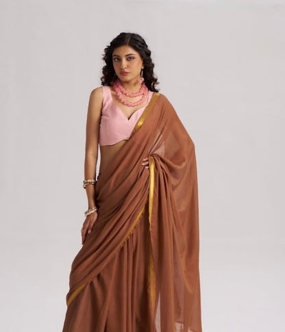 Brown Mul Cotton Casual Ready To Wear/Easy Saree