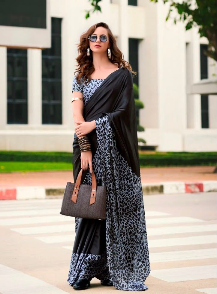 Black Crepe Silk Ready To Wear/Easy Saree (Clearance0