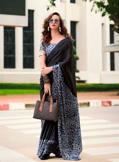 Black Crepe Silk Ready To Wear/Easy Saree (Clearance0