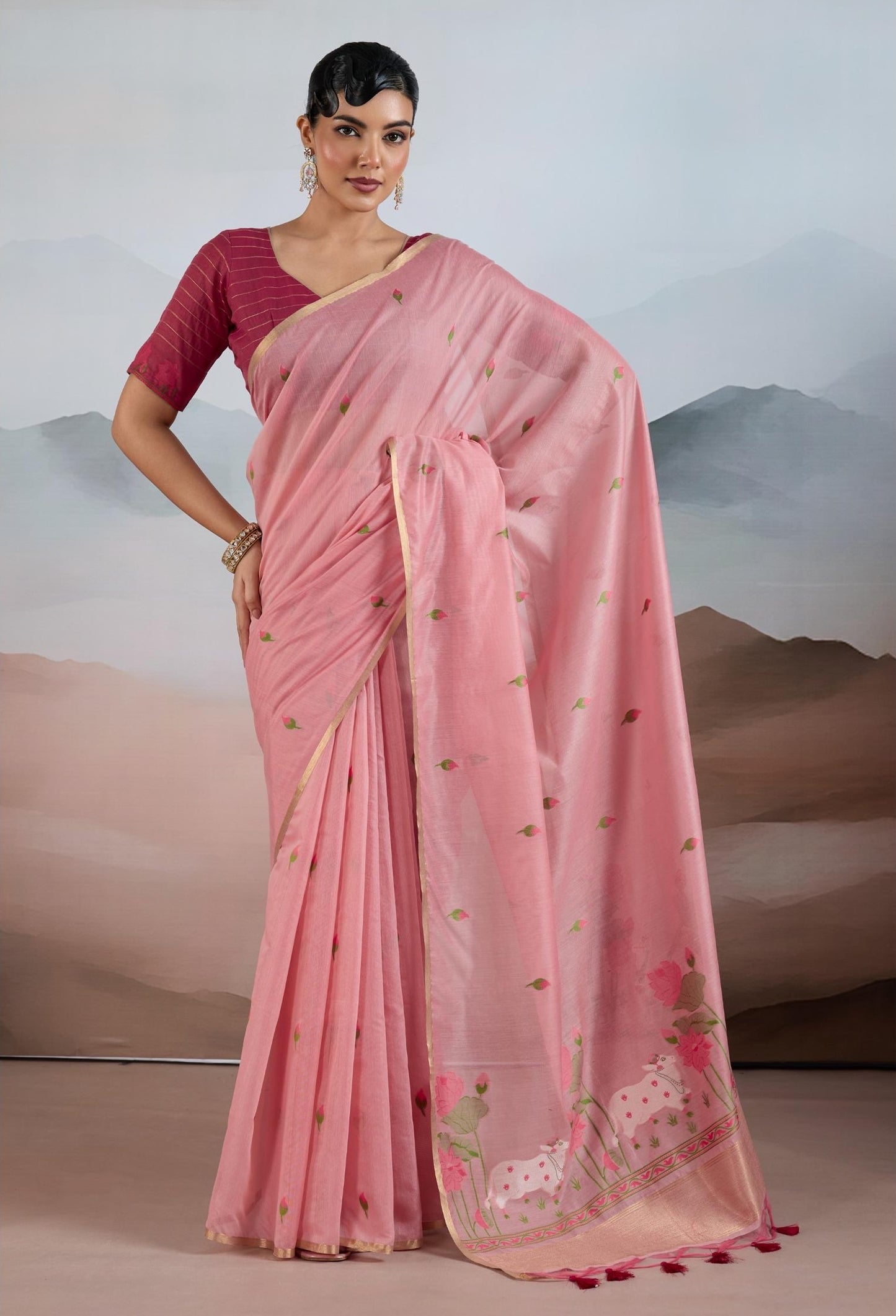 Pink Spun Cotton Readymade/Easy Saree