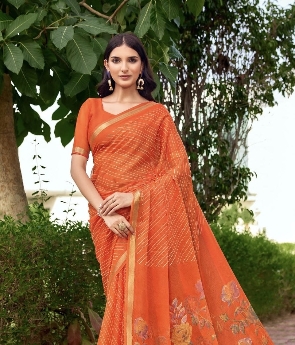 Orange georgette saree with floral border and pleated pallu, ready-to-wear blouse
