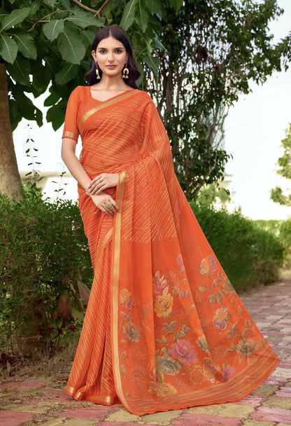 Orange ready-to-wear saree with floral print border and striped pallu