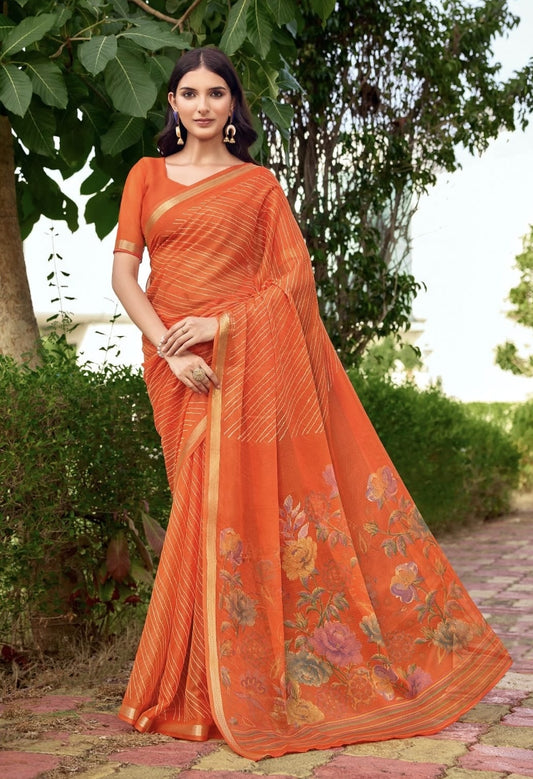 Orange ready-to-wear saree with floral print border and striped pallu