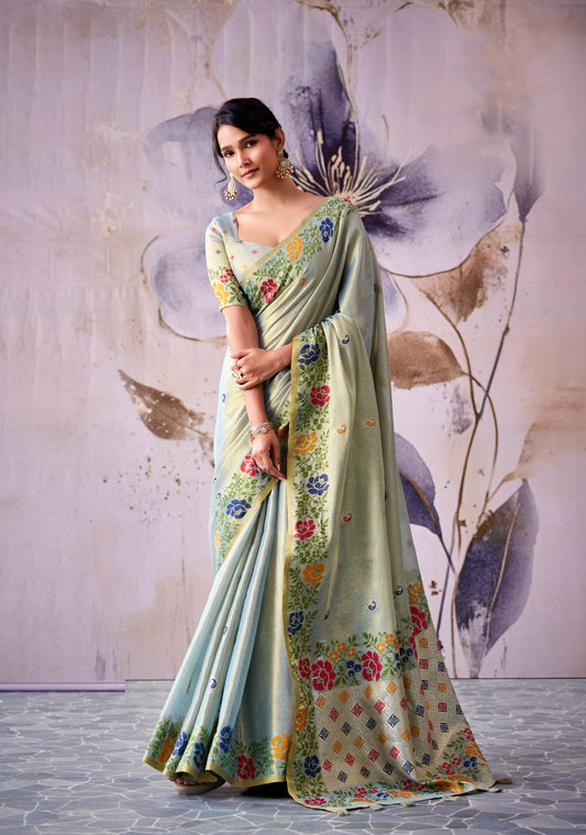Pista green easy saree in tissue silk with colorful floral border and pallu