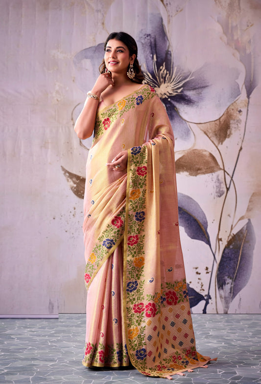 Rose-gold tissue silk ready-to-wear saree with floral border and drape