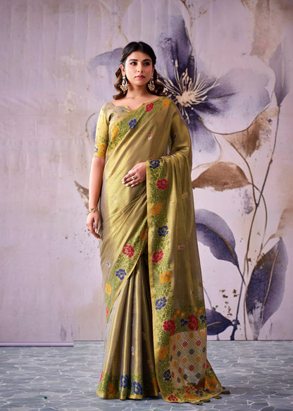 Olive Green Tissue Silk Ready To Wear/Easy Saree by Stylebypanaash 