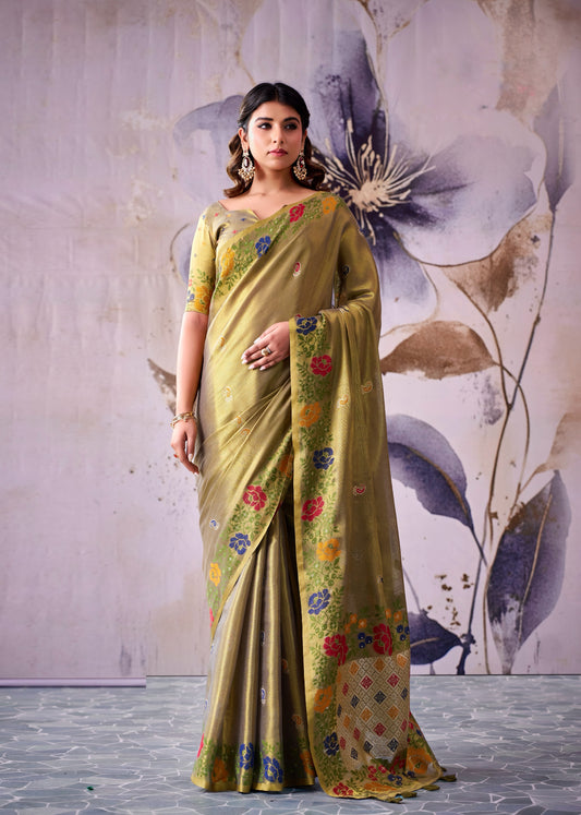 Olive green tissue silk easy saree with floral motifs and matching short-sleeve blouse