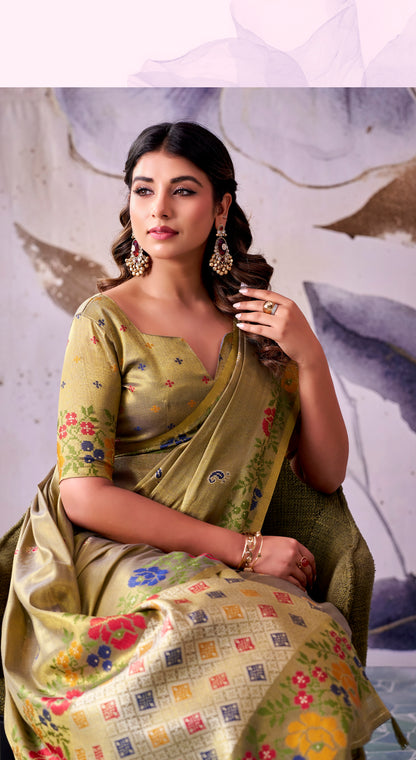 Olive Green Tissue Silk Ready To Wear/Easy Saree by Stylebypanaash 