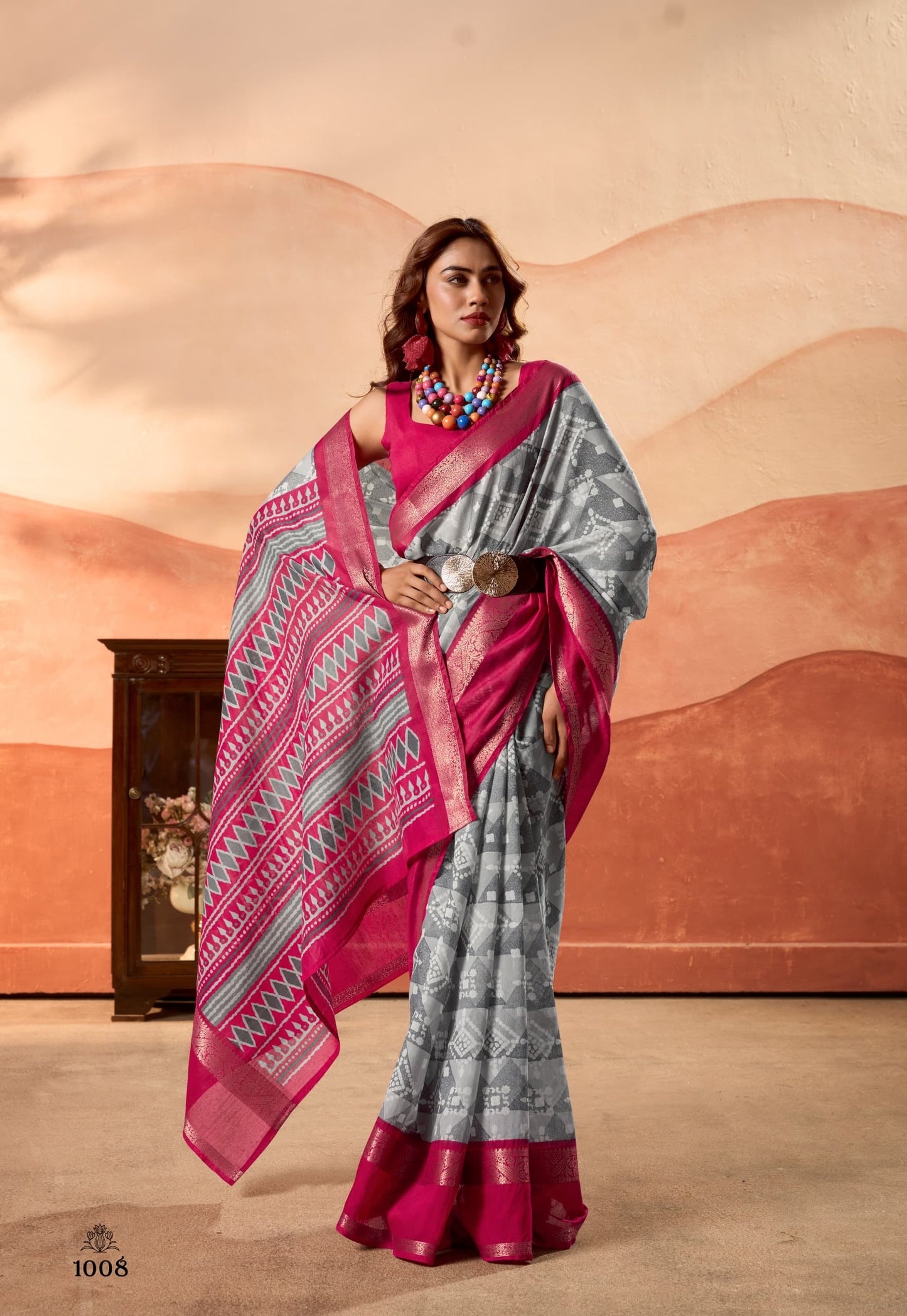 Grey Color Silk Cotton Readymade/Easy Saree