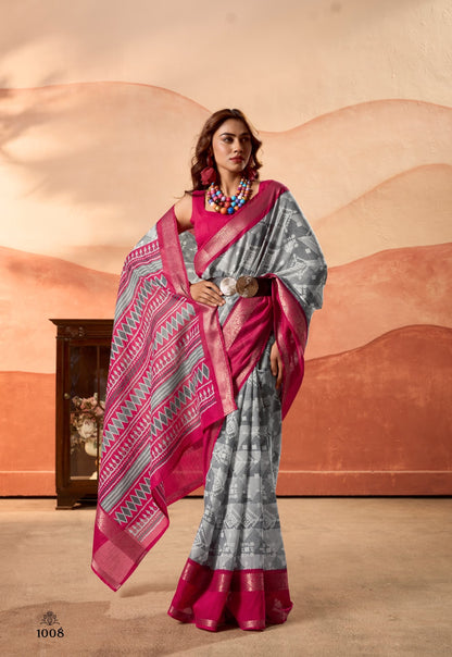 Grey Color Silk Cotton Readymade/Easy Saree