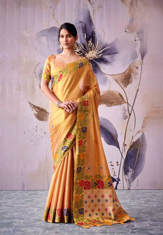 Peach ready-to-wear silk saree with short sleeves and ornate floral border