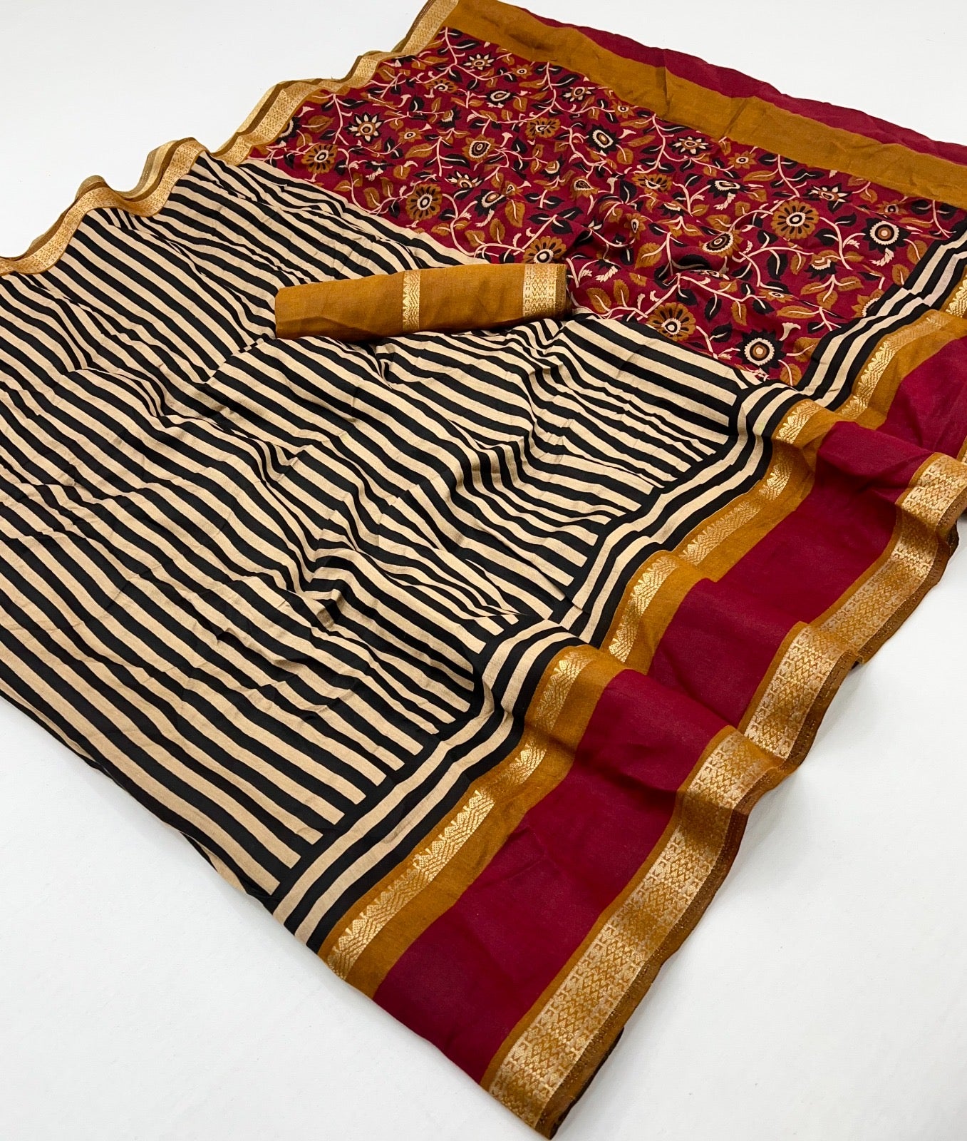 Maroon Striped Mul Cotton Ready To Wear/Easy Saree