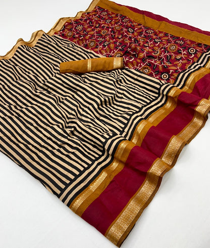 Maroon Striped Mul Cotton Ready To Wear/Easy Saree