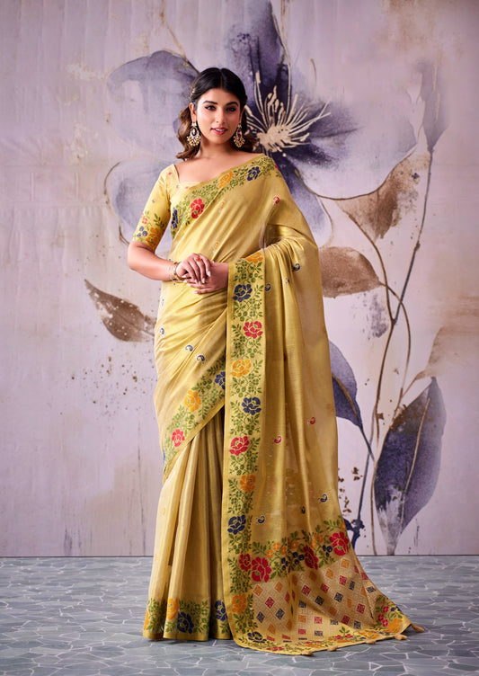Golden yellow tissue silk ready-to-wear saree with floral embroidered border and pallu
