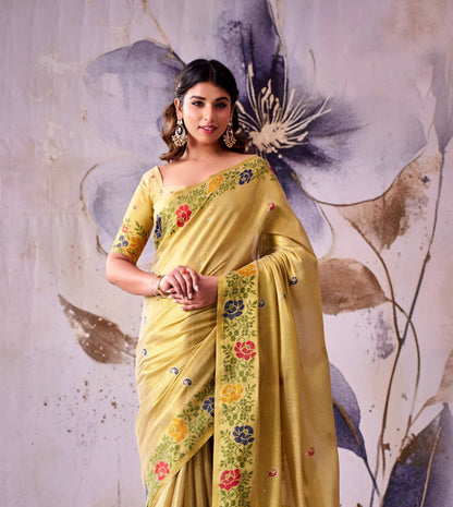 Golden Yellow Tissue Silk Ready To Wear/Easy Saree by Stylebypanaash 