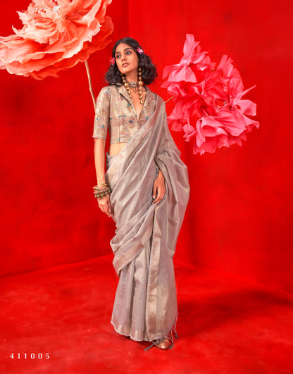 Grey Silk Readymade/Easy Saree With Fancy Unstitched Blouse