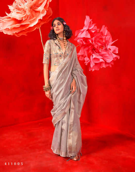 Grey Silk Readymade/Easy Saree With Fancy Unstitched Blouse