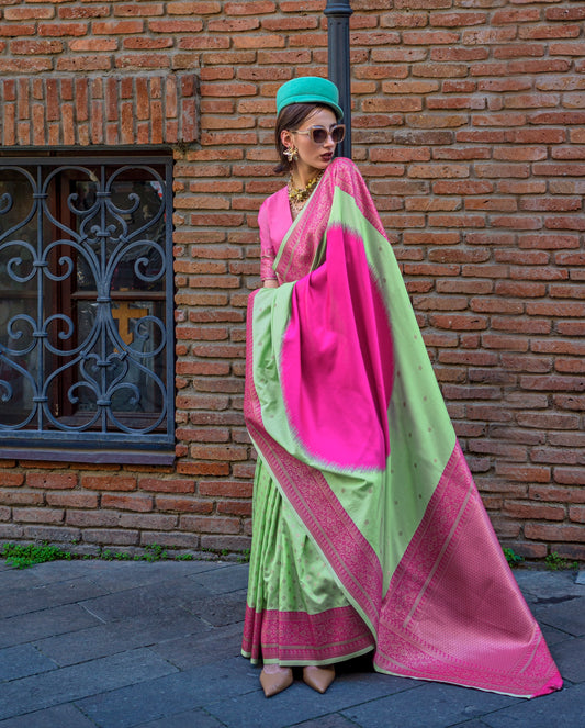 Green & Pink Color Banarasi Silk Readymade/Easy Fancy Saree