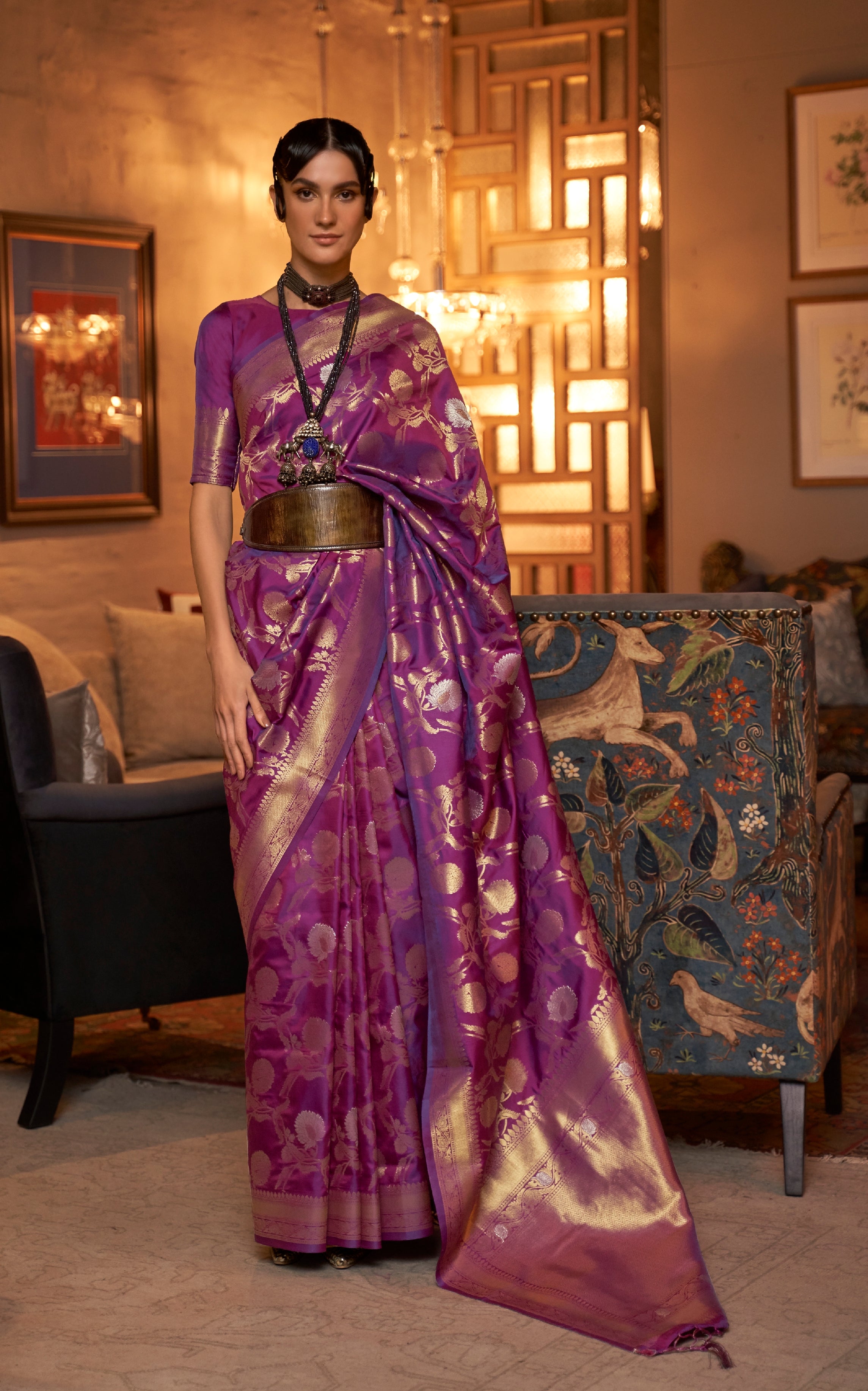 Buy ESOMIC Striped, Self Design Banarasi Pure Silk Purple Sarees Online @  Best Price In India | Flipkart.com