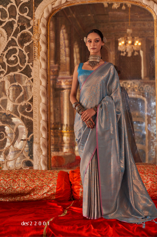 Light Blue Kanjivaram Silk Readymade/Easy Saree