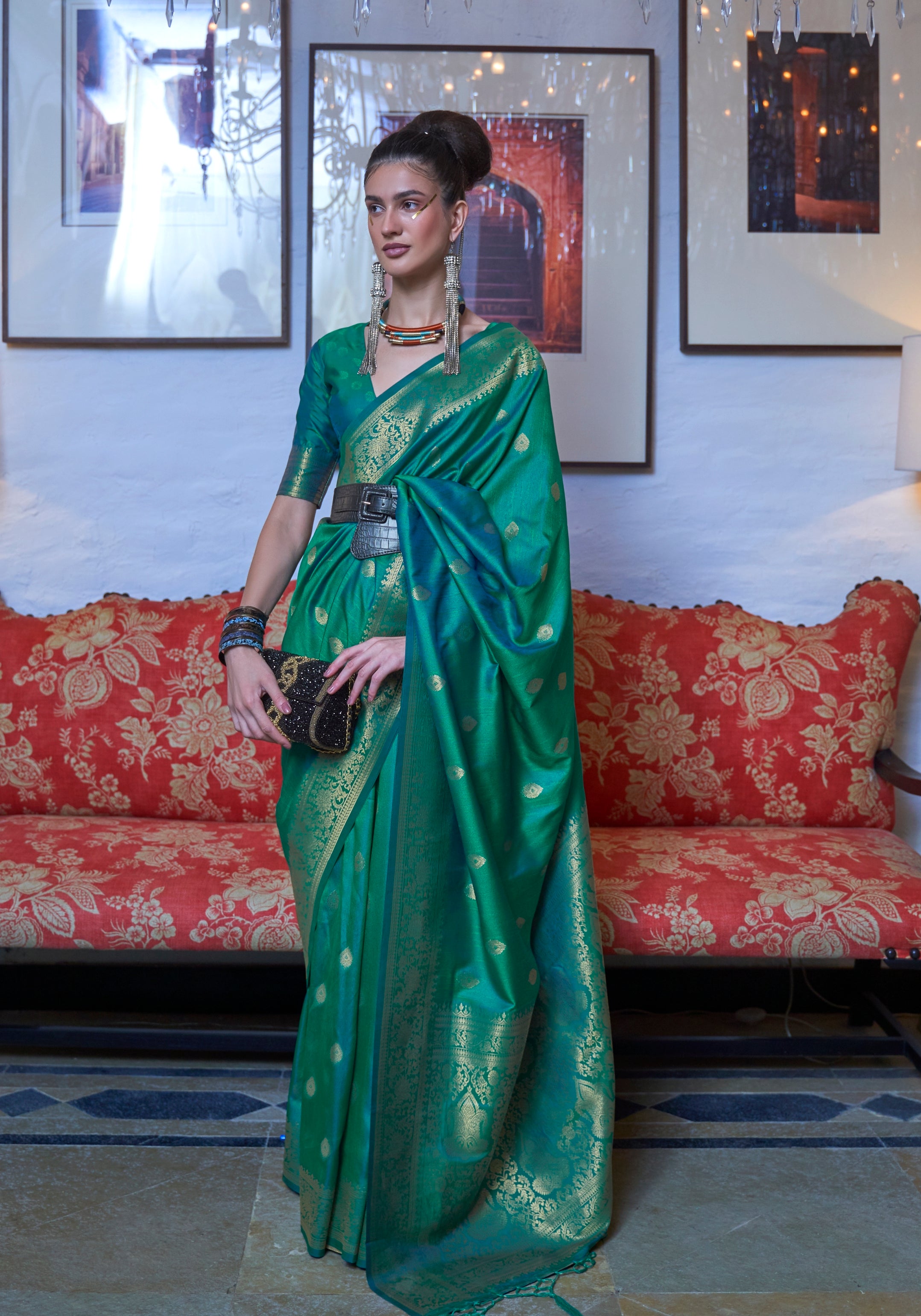 Emerald Green Satin & Raw Silk Saree Set Design by Kresha Lulla at Pernia's  Pop Up Shop 2024