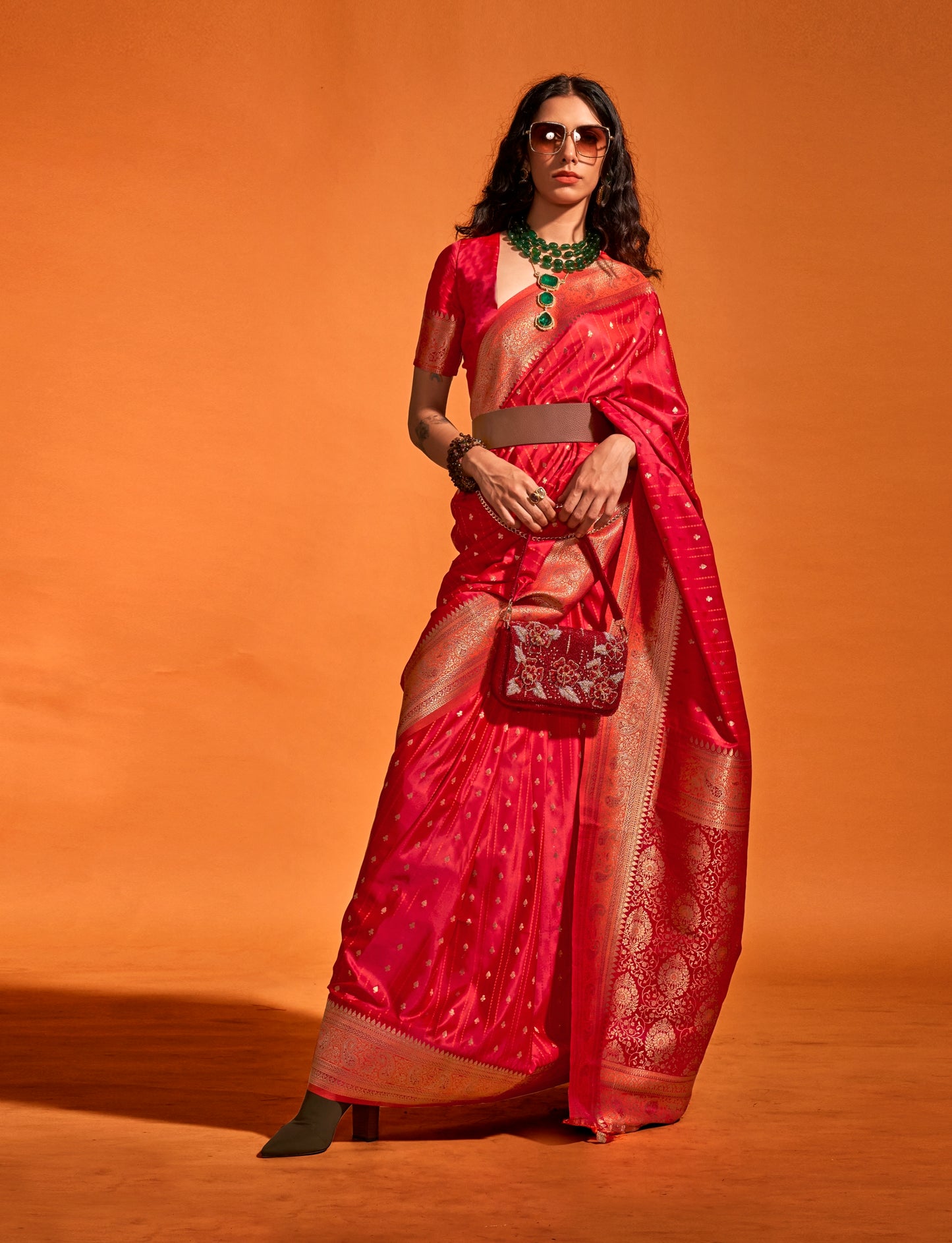 Plus Size Red Color Satin Silk Readymade Saree