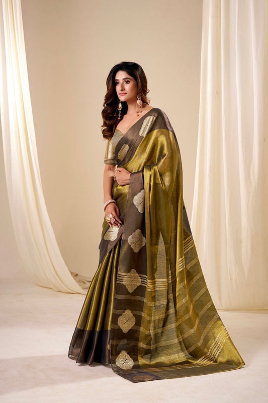 Bronze Green Tissue Silk Readymade/Easy Saree